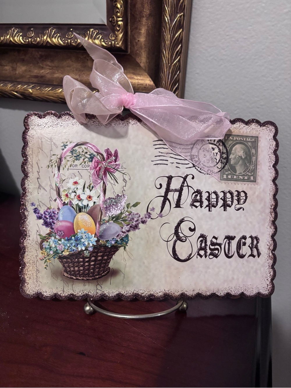 Set of two Happy Easter Decorative Signs with Pink Bows.